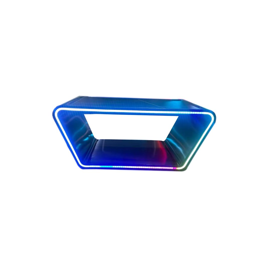 Blue neon LED KTV coffee table with open frame design and RGB light edge, model YR-T001