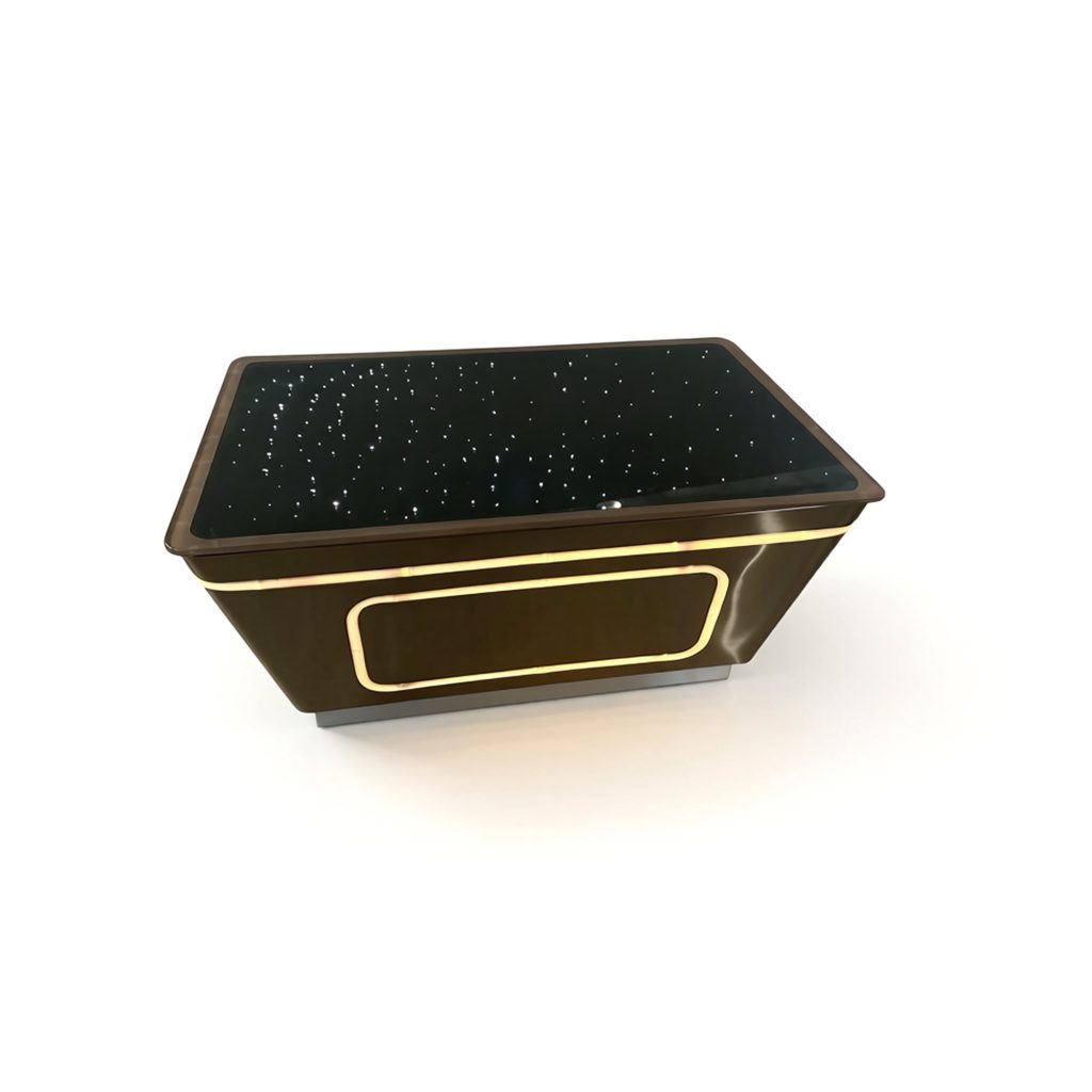 Black KTV coffee table with starry sky top and warm white LED light strip, model YR-T009